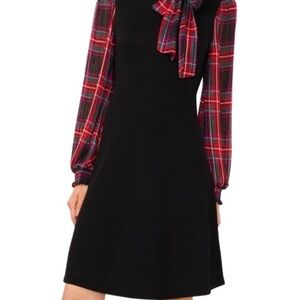 Glamour Melody Black Dress with Plaid Sleeves and Bow